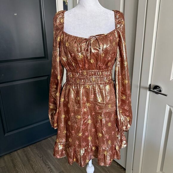 Paige Bronze Metallic Silk Peasant Style Floral Mini Dress M - Picture 1 of 10